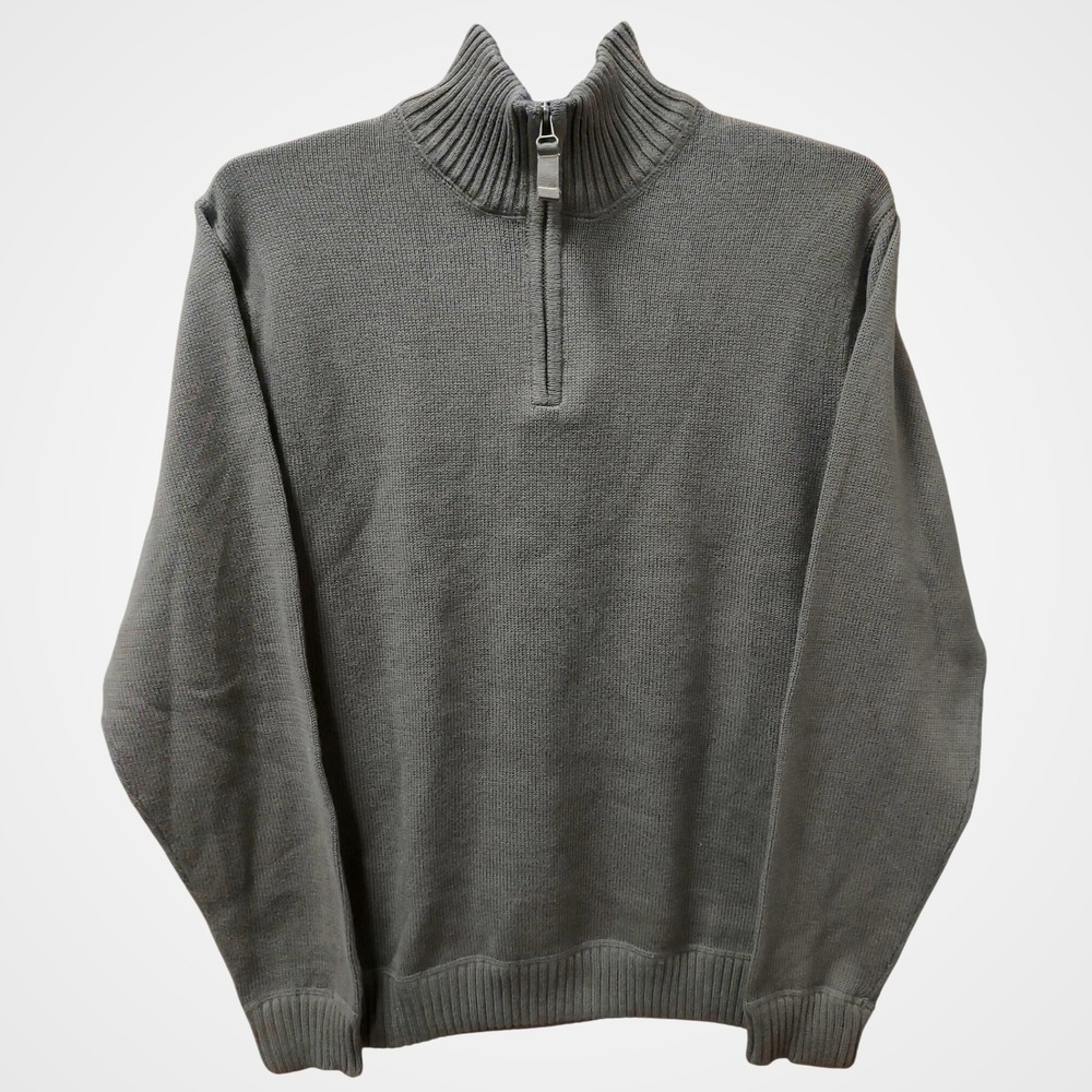 Eddie Bauer Mens L Pullover Sweater 1/4 Zip Mock Neck Brown/Green Cotton Knit‎